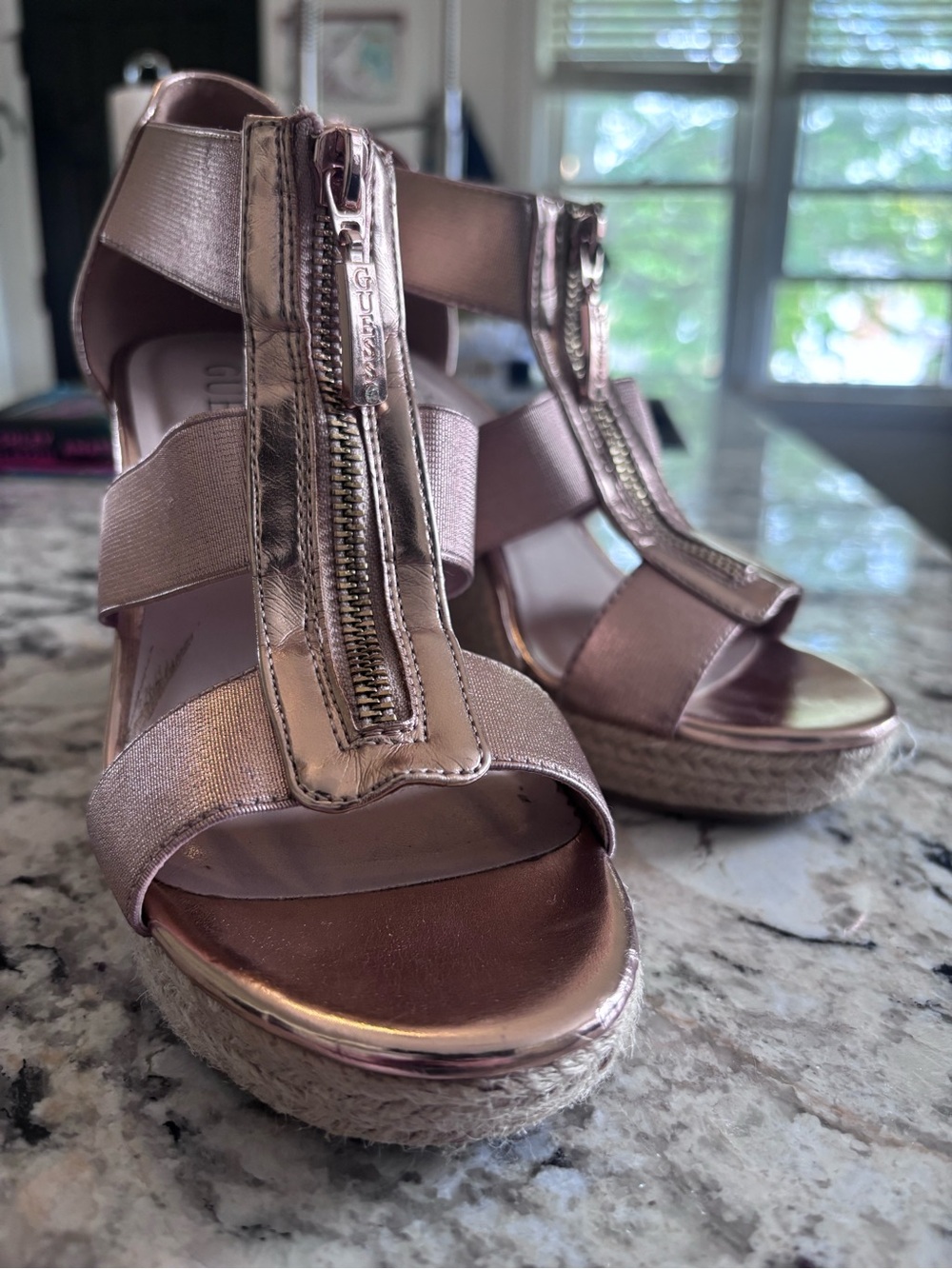 Guess Metallic Rose Gold Espadrille Wedge Sandals with Front Zip
